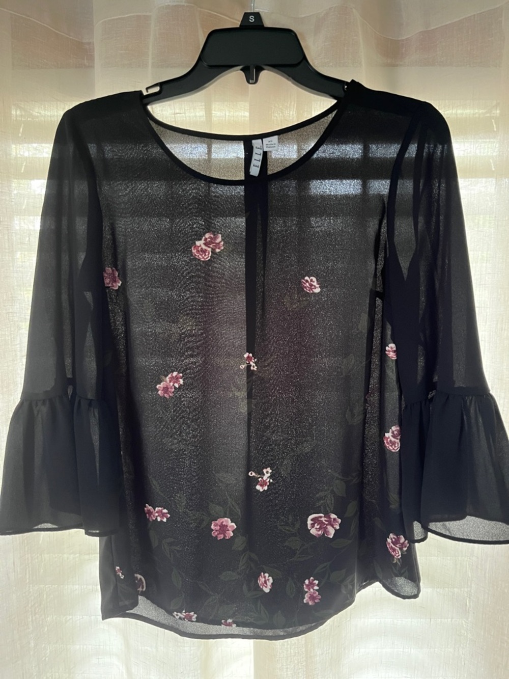 Elle Black Sheer Floral Bell-Sleeve Blouse